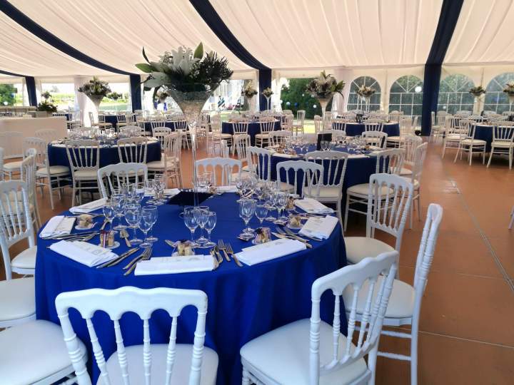 Exemple Vélum Trevira + rideaux cache Ferme Bleu avec Napoléon III et nappes Bleu